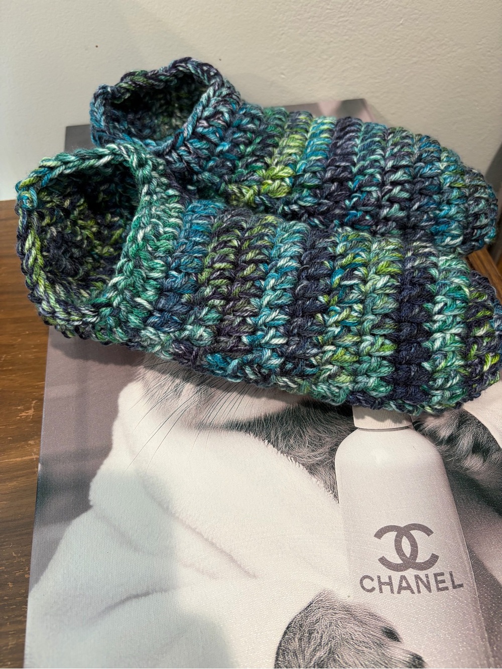 Handmade Crochet Slippers Blue Green Boho Cozy House Shoes - Picture 4 of 4